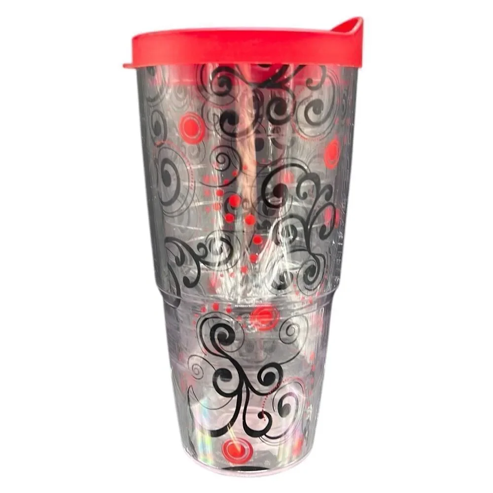 Tervis Tumbler 24oz Berry Swirlwind Clear Red Lid Hot or Cold Beverage Cup READ